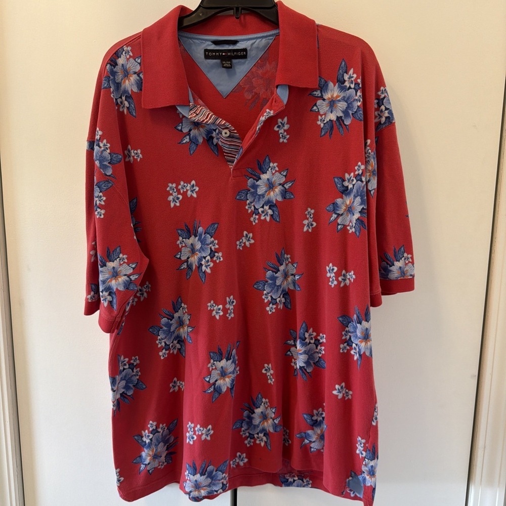 Tommy Hilfiger Mens XXL Short Sleeve Polo Shirt Red Floral 00032
